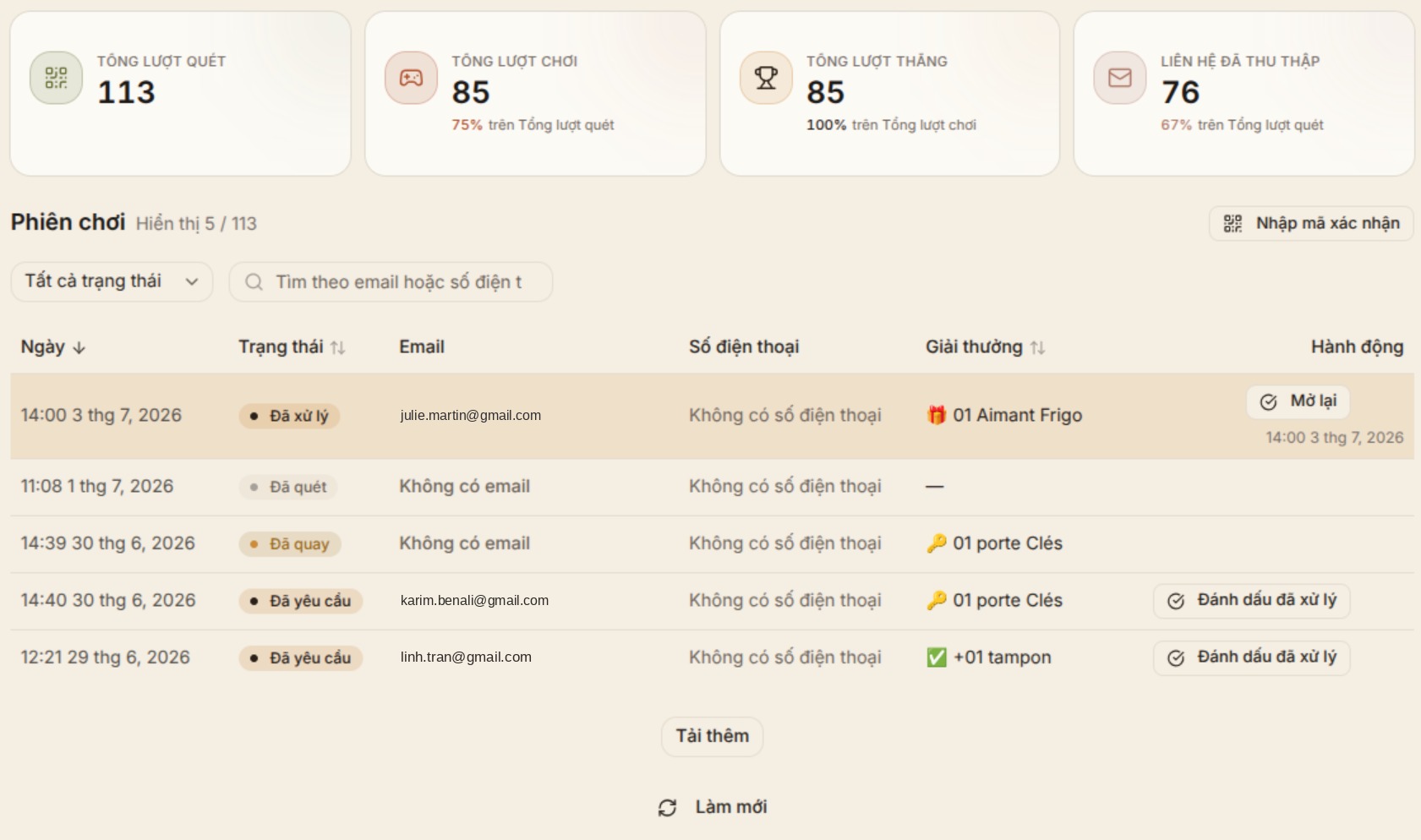 Your dashboard: scans, plays, wins and collected contacts